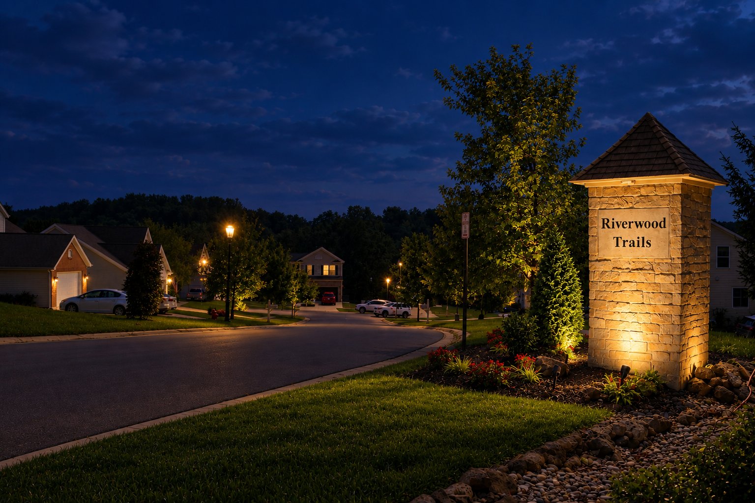 Riverwood Trails entrance sign at night